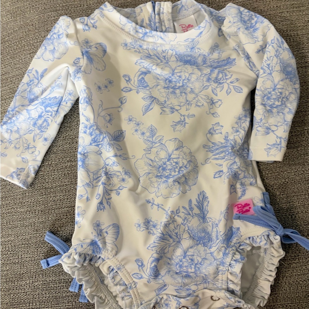 Ruffle Butts White One-Piece Swimsuit with Light Blue Floral Print